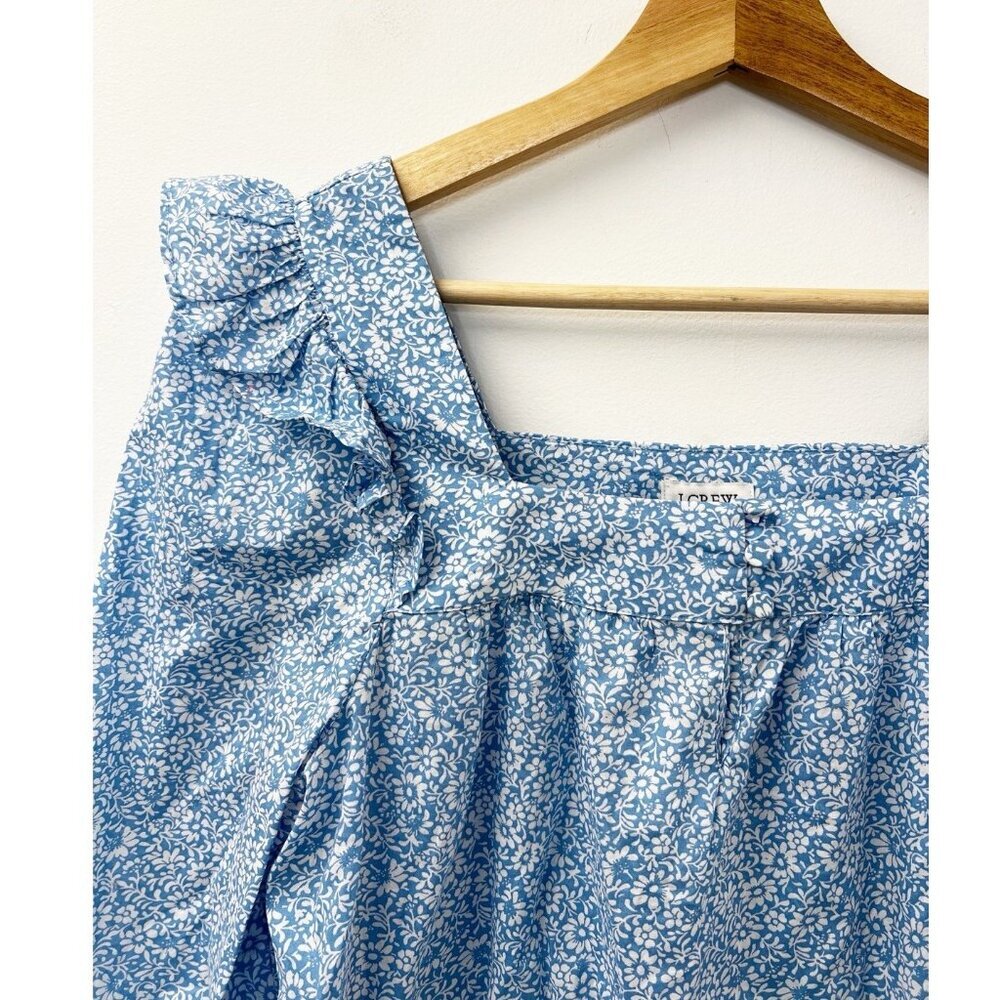 J.Crew Blue Cotton Floral Squareneck Ruffle Top peasant Cottage Core Cottagecore - Picture 3 of 12